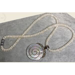 Freshwater Pearl Necklace 17” Removable MOP Spiral Pendant